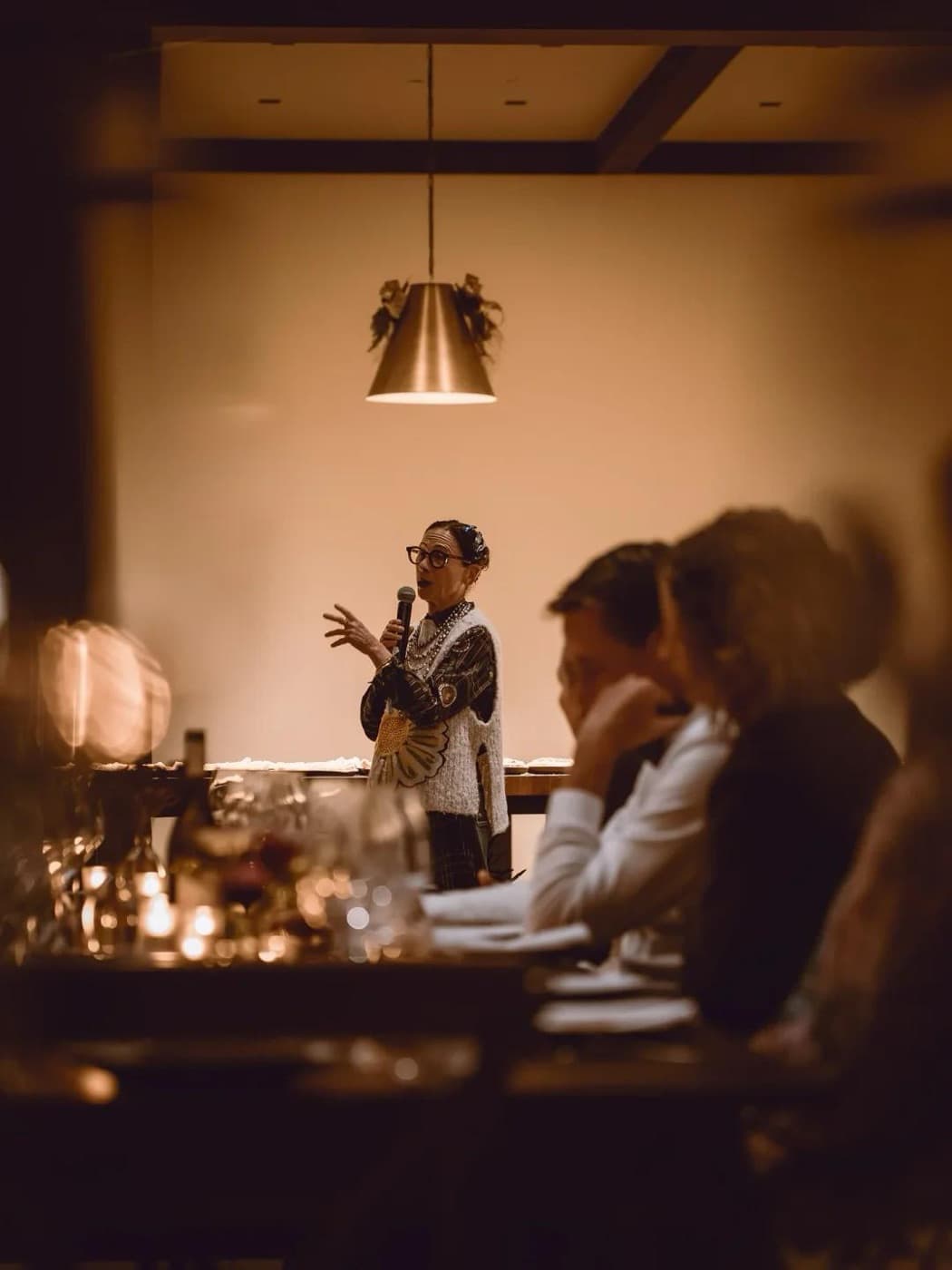 A speaker addressing a seated audience in a warmly lit room.